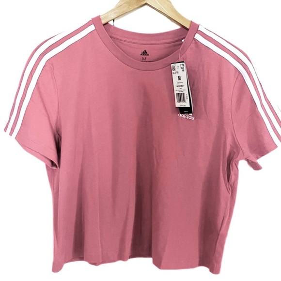 NWT Adidas Essentials 3 Stripe Cropped Tee in Pink Coral Size Medium - Picture 1 of 6